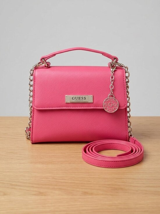 Guess Handbags - ​GUESS Bright Pink Crossbody Bag with Silver Chain & Logo Charm